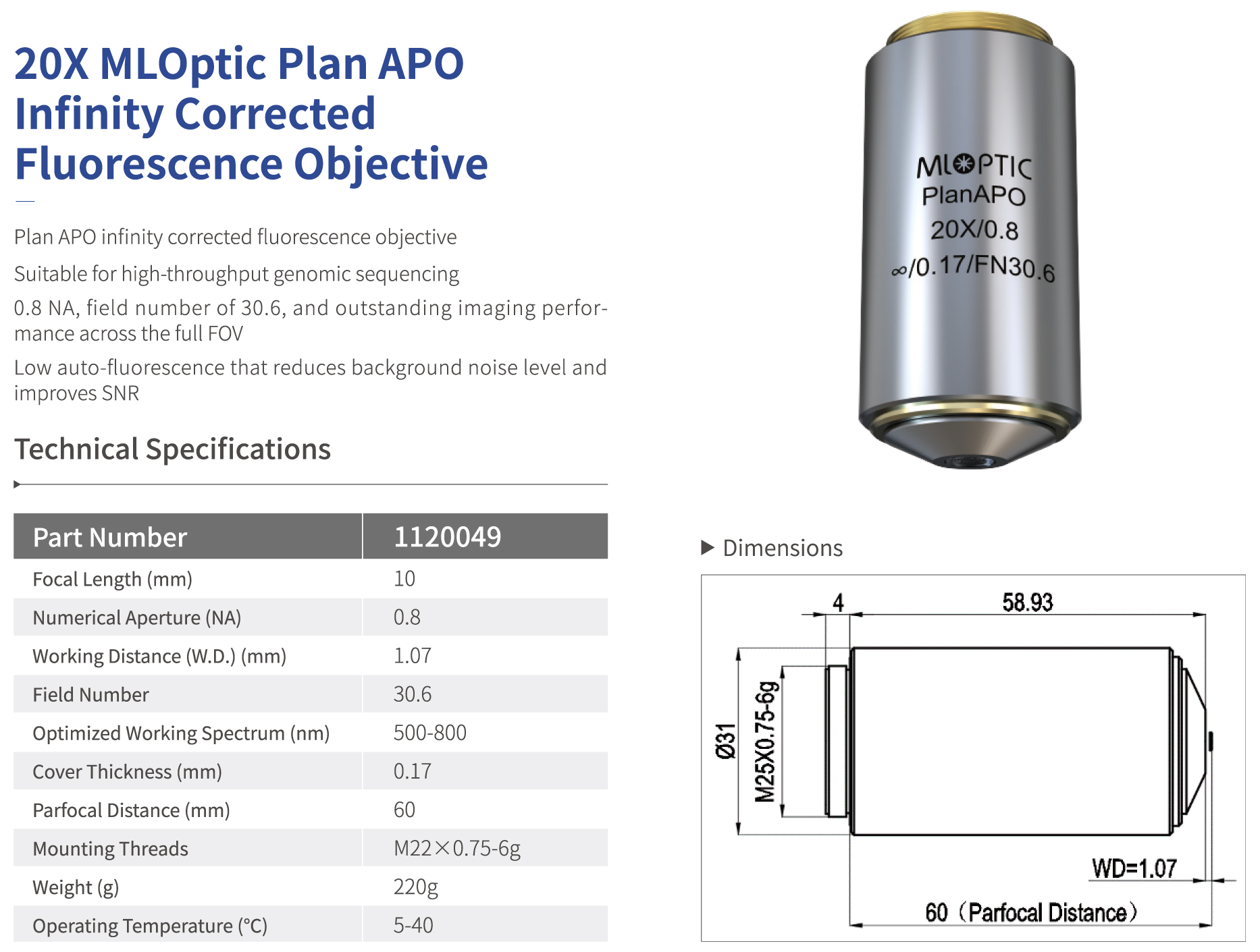 20 x ML Optic Plan APO Infinity Corrected Flourescence Objective