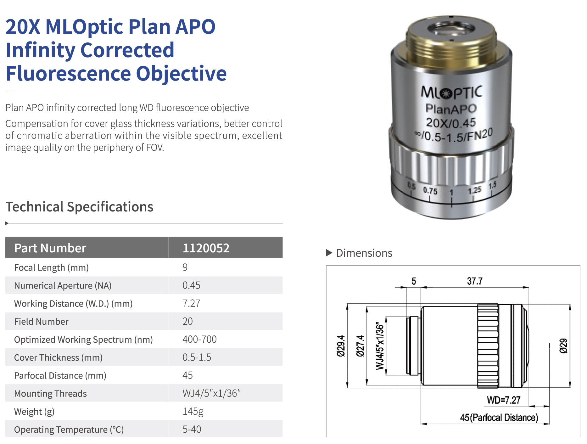 20 x ML Optic Plan APO Infinity Corrected Flourescence Objective